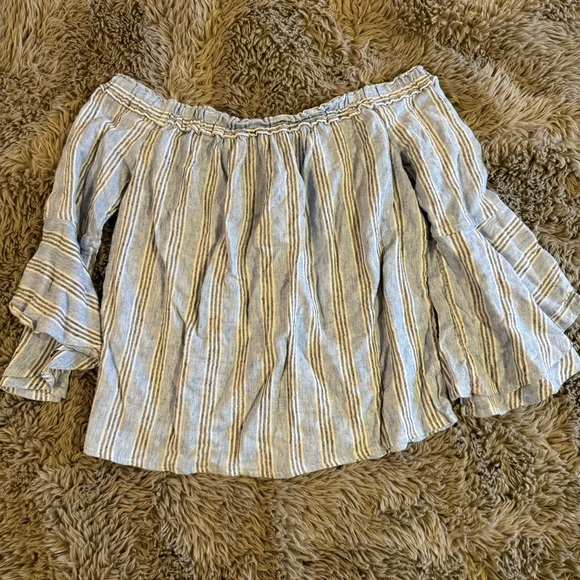 Lucky Brand Bell Sleeve Off the Shoulder Blue Stripe Top Small - Picture 4 of 6
